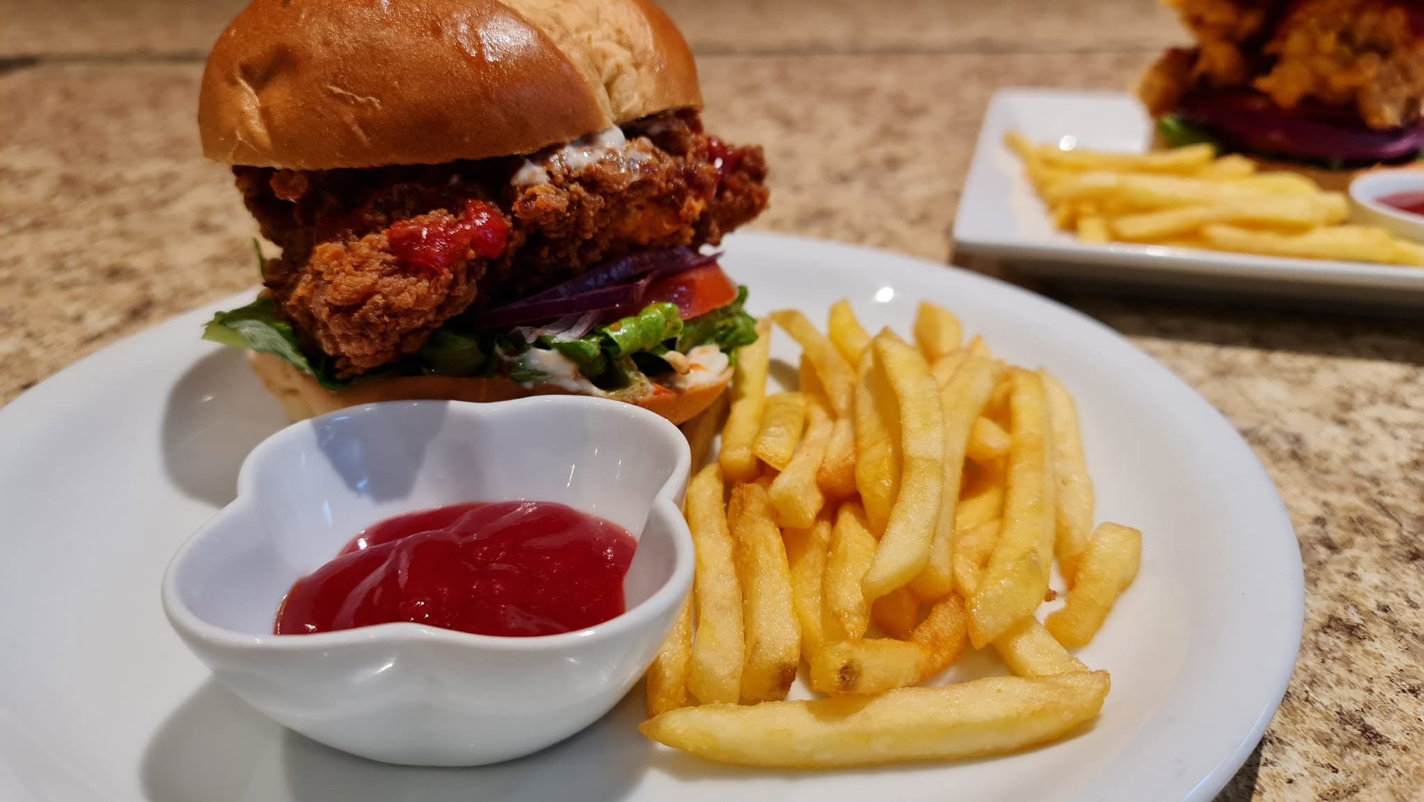 Fried chicken and fries from Bits and Bytes Cafe